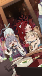  5girls animal_ears arata_(blue_archive) bandaged_arm bandages black_horns blonde_hair blue_archive brown_streaks cat_tail chest_sarashi chopsticks eating food gauze gauze_on_cheek gauze_on_face grey_hair halo highres holding holding_chopsticks holding_food holding_with_chopsticks horns japanese_clothes kikyou_(blue_archive) kimono long_hair monobe_yuri multiple_girls multiple_tails nagusa_(blue_archive) ponytail raccoon_ears raccoon_girl red_eyes red_hair red_halo renge_(blue_archive) sarashi short_hair shuro_(blue_archive) sideless_kimono single_horn sitting sitting_on_lap sitting_on_person snowflake_halo tail two_tails very_long_hair white_hair white_halo yellow_kimono 
