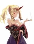  alternate_costume alternate_hairstyle arm_up bare_shoulders blonde_hair breasts cleavage eluthel floral_print horn hoshiguma_yuugi japanese_clothes kimono kiseru large_breasts off_shoulder pipe pointy_ears ponytail red_eyes smoking solo touhou wink 