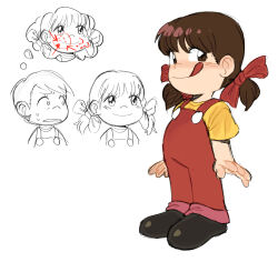  1girl 1other ? ?? arrow_(symbol) bow brown_eyes brown_hair brown_shoes chronocrump closed_mouth fujiya full_body hair_bow highres looking_at_another mascot meme overalls peko-chan red_arrow_and_circle_(meme) red_bow red_circle red_overalls shirt shoes short_sleeves short_twintails smile speech_bubble standing sweat thought_bubble tongue tongue_out twintails yellow_shirt 