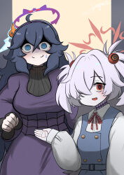  2girls @_@ ahoge black_hair blue_archive blue_eyes blush breasts brown_eyes collared_shirt commentary_request crossed_bangs dress gengar grey_hair hair_between_eyes hair_ornament hair_over_one_eye hairband halo hex_maniac_(pokemon) highres john_(a2556349) kanoe_(blue_archive) long_hair long_sleeves looking_at_viewer messy_hair multiple_girls open_mouth pinafore_dress pokemon pokemon_(creature) pokemon_xy purple_hairband purple_halo shirt sleeveless sleeveless_dress smile two_side_up white_shirt 
