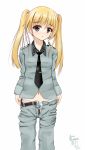  1girl belt blonde_hair blue_eyes copyright_request lowleg lowleg_panties military military_uniform necktie panties pants predatorss twintails unbuckled_belt unbuttoned underwear undressing uniform 