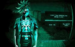  1boy :d abs arm_markings belt belt_collar bk_works buzz_cut chest_markings collar crossover dark dialogue_options dragon_boy_(to_be_hero_x) english_text facial_mark forehead_mark glowing glowing_eyes green_theme hairstyle_request hawaiian_shirt leaf_print looking_at_viewer male_focus night no_i&#039;m_not_a_human partially_shaded_face porch shirt short_hair single_empty_eye skeleton_print smile smirk solo t-shirt to_be_hero to_be_hero_x toned toned_male very_short_hair 