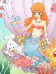  1girl coral corsola earrings flower green_eyes highres horsea jewelry kasumi_(pokemon) long_hair luvdisc mermaid midriff monster_girl necklace orange_hair pokemon pokemon_(anime) pokemon_(creature) seaweed seel shell shell_bikini smile star staryu underwater 