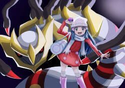  1girl 1other :d absurdres arm_up bag beanie black_hair black_sclera boots coat colored_sclera commentary_request duffel_bag eyelashes giratina giratina_(origin) grey_eyes hat highres hikari_(pokemon) holding holding_poke_ball junki_(pctc3522) knee_boots long_hair long_sleeves master_ball open_mouth over-kneehighs poke_ball pokemon pokemon_(creature) pokemon_dppt pokemon_platinum purple_boots red_coat red_eyes scarf smile teeth thigh-highs tongue 