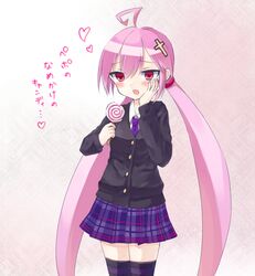  ahoge alternate_costume blazer blush candy cosmic_break cross gradient gradient_background hair_ornament hairpin hand_on_own_cheek hand_on_own_face heart lollipop necktie nemlim nemlim_(character) open_mouth pink_background pink_hair plain_background red_eyes school_uniform simple_background text thigh-highs thighhighs twintails zettai_ryouiki 