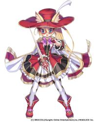  1girl animal_ears armadillon black_dress black_shirt black_thighhighs blonde_hair blue_eyes boots bow bowtie cat_ears cloak company_name copyright_notice dress emil_chronicle_online eye_mask frilled_skirt frilled_sleeves frills hat holding holding_sword holding_weapon jacket long_hair mary_(eco) multicolored_jacket open_mouth pink_bow rapier red_boots red_hat red_jacket red_mask shirt side_ponytail skirt solo standing sword thigh-highs two-tone_jacket two-tone_thighhighs weapon white_background white_cloak white_skirt white_thighhighs 