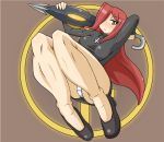  biguzamu blush brown_eyes cross cross_necklace hair_over_one_eye inverted_cross legs long_hair miniskirt necklace panties pantyshot parasoul_(skullgirls) red_hair redhead skullgirls solo thighs underwear weapon white_panties 