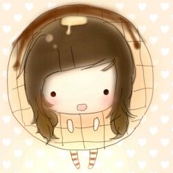  ._. 1girl :d alternate_skin_color bare_arms black_eyes blush brown_hair butter canihavepromo chibi chibi_only cute food-themed_clothes food_costume food_themed_clothes heart heart_background marie_(canihavepromo) medium_hair open_mouth original patterned_background real_life simple_background sketch solo stockings striped striped_clothes striped_socks syrup waffle 