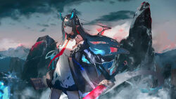  1girl absurdres aqua_horns arknights black_hair colored_skin dragon_girl dragon_horns dragon_tail dusk_(arknights) earrings eastern_dragon_tail green_hands green_horns green_skin hair_over_one_eye highres holding holding_sword holding_weapon horns jewelry pointy_ears red_eyes seymour_(sai_lu_er) solo sword tail tassel tassel_earrings weapon 