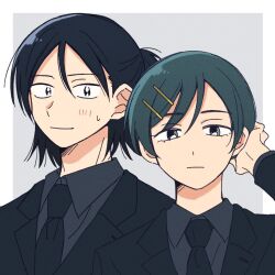  1boy 1girl :| ame_(ameno_ko) aqua_hair black_eyes black_hair black_jacket black_necktie closed_mouth collared_shirt commentary cousins futsuu_no_keion-bu grey_background grey_eyes grey_shirt hair_ornament hairpin hand_on_own_head jacket kouyama_rin lapels light_smile necktie notched_lapels official_alternate_costume official_alternate_hairstyle pixie_cut ponytail shirt short_hair short_ponytail simple_background small_sweatdrop suit_jacket taguchi_ryuuya upper_body 