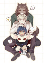  ! !? 4boys absurdres animal_ears basilio_(metaphor:_refantazio) black_pants black_shoes blue_eyes blue_hair brown_hair closed_eyes commentary_request creature dark-skinned_male dark_skin grey_eyes grey_hair grey_horns height_difference heismay_(metaphor:_refantazio) heterochromia highres horns lella_nyam long_sleeves male_focus metaphor:_refantazio multiple_boys musical_note open_mouth pants protagonist_(metaphor:_refantazio) red_eyes scar scar_across_eye scar_on_face shirt shoes sitting smile strohl_(metaphor:_refantazio) white_background white_shirt yellow_eyes 