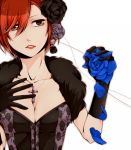  blue_rose breasts cleavage corset cross cross_necklace earrings feather_boa flower gloves hair_flower hair_ornament hiro_satochi jewelry lips lipstick makeup meiko petals red_eyes red_hair redhead rose short_hair solo vocaloid 