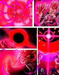  3boys aura black_shirt dougi dragon_ball dragon_ball:_sparking! dragon_ball_super dragon_ball_super_broly dragon_ball_super_super_hero electricity finger_to_mouth gogeta gohan_beast gohan_black goku_black grey_tunic highres kamehameha_(dragon_ball) long_hair medium_hair multiple_boys powering_up rz28kp shirt shushing solo_focus son_gohan spiky_hair super_saiyan super_saiyan_blue super_saiyan_rose tunic 