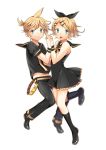  1girl aqua_eyes blonde_hair brother_and_sister footwear hair_ornament hair_ribbon hairclip hand_holding holding_hands kagamine_len kagamine_rin mary_janes open_mouth ribbon sailor_collar shoes short_dress short_hair shorts siblings simple_background smile socks toudou_charo tr twins vocaloid 