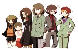  2girls 4boys ? akechi_gorou amada_ken arms_behind_head black_gloves black_jacket black_necktie black_pants black_shorts black_skirt brown_eyes child closed_eyes closed_mouth commentary_request cropped_legs doujima_nanako dress eyewear_on_head fushimi_chihiro gekkoukan_high_school_uniform glasses gloves green_jacket green_pants grey_jacket grey_pants hand_on_own_hip holding holding_suitcase jacket korean_commentary long_hair looking_at_another multiple_boys multiple_girls necktie open_mouth orange_jacket pants persona persona_1 persona_2 persona_3 persona_4 persona_5 red-tinted_eyewear red_shirt sasibowol school_uniform shirt short_hair short_twintails shorts simple_background skirt smile sparkle spoken_question_mark st._hermelin_school_uniform standing suit suitcase suou_katsuya sweat tinted_eyewear trait_connection twintails uesugi_hidehiko white_background 