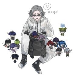  1boy aotsuki_eito backpack bag black_bag black_dress black_gloves black_hair black_haori black_hat black_kimono black_shoes blue_hair blue_hat blue_jacket braid breast_pocket brown_hair character_doll chinese_commentary chinese_text christian23565 commentary_request crossed_arms doll double_bun dougi dress everyone ginzaki_shouma gloves green_hat green_jacket grey_hair hair_bun haori hat highres jacket japanese_clothes kimono magadori_kyoshika male_focus maruko_gaku masked mojiro_moko motion_lines multicolored_hair omokage_yugamu oosuzuki_kurara open_clothes open_jacket open_mouth pants pink_hair pocket ponytail purple_hair red_hair sheath sheathed shoes short_hair simple_background sitting speech_bubble streaked_hair sumino_takumi sunglasses sword the_hundred_line_-last_defense_academy- tsukumo_ima tsukumo_kako twin_braids twintails weapon white_background white_jacket white_pants zzz 