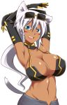  animal_ears aqua_eyes armpits arms_up bad_anatomy breasts cat_ears dark_skin elbow_gloves facial_mark gloves kaiten_muten-maru large_breasts shamu_meruruusa simple_background solo sunglasses sunglasses_on_head white_background white_hair zanku 