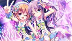  2girls ;d ahoge aqua_eyes arm_up audience beret blue_dress blue_eyes blue_hat blue_skirt blue_wrist_cuffs boots bow bowtie breasts brooch collarbone dress dutch_angle film_grain game_cg glowstick green_bow green_bowtie grin hair_ornament hat holding_hands idol idol_clothes izumi_tsubasu jewelry lace-up_boots lens_flare long_hair multiple_girls necklace non-web_source official_art one_eye_closed open_mouth orange_hair pink_scrunchie pinstripe_pattern pinstripe_thighhighs ponytail purple_boots purple_hair re:stage! sailor_collar screen scrunchie shikimiya_mana short_dress short_hair sidelocks skirt sleeveless sleeveless_dress small_breasts smile stage stage_lights standing standing_on_one_leg star_(symbol) star_brooch star_hair_ornament striped_clothes striped_scrunchie striped_thighhighs thigh-highs tsukisaka_sayu v vertical-striped_clothes vertical-striped_thighhighs very_long_hair white_sailor_collar white_thighhighs wrist_cuffs wrist_scrunchie wristband 