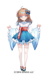  1girl ahoge blue_bow blue_eyes blue_sandals blue_skirt bow brown_hair character_request closed_mouth frilled_sleeves frills full_body hair_bow high-waist_skirt highres japanese_clothes kimono long_hair long_sleeves looking_at_viewer obi official_art oshiro_project:re osisio pinching_sleeves platform_sandals sandals sash simple_background skirt smile solo standing tabi thigh-highs white_background white_kimono white_thighhighs wide_sleeves zouri 