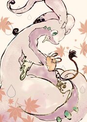  antennae autumn_leaves bwmtk1110 colored_skin dedenne full_body goodra green_eyes highres leaf looking_at_another no_humans open_mouth orange_fur pokemon pokemon_(creature) pokemon_focus purple_skin simple_background sitting slime_(substance) slug tail white_background 