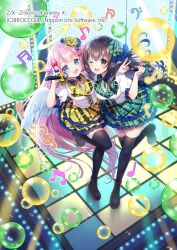  2girls bass_clef beamed_eighth_notes beamed_sixteenth_notes black_shoes black_thighhighs blue_bow blue_eyes bow brown_eyes brown_hair bubble concert copyright_notice eighth_note feathered_wings from_above hair_bow hair_ornament halo holding holding_microphone idol_clothes koyama_sao long_hair marie_(z/x) microphone multiple_girls musical_note official_art one_eye_closed open_mouth pecteilis pink_hair plaid_clothes plaid_skirt pointy_ears quarter_note red_bow shirt shoes sixteenth_note skirt standing standing_on_one_leg thigh-highs traditional_halo v very_long_hair white_shirt wings z/x 