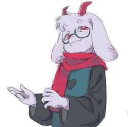  1boy animal_ears black_sleeves commentary deltarune fangs glasses goat_boy goat_ears goat_horns green-framed_eyewear green_robe hashtag-only_commentary horns looking_at_viewer male_focus pink_eyes pink_horns pink_scarf ralsei robe scarf simple_background solo utdr_(toby_fox) white_background white_fur yokuyo 