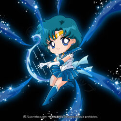  1girl 72workshop back_bow bishoujo_senshi_sailor_moon bishoujo_senshi_sailor_moon_supers blue_choker blue_eyes blue_hair blue_sailor_collar blue_skirt blue_theme bow brooch chibi choker earrings elbow_gloves gloves heart heart_brooch highres jewelry mercury_aqua_rhapsody mercury_harp mizuno_ami sailor_collar sailor_mercury sailor_senshi_uniform short_hair skirt smile star_(symbol) star_choker super_sailor_mercury white_gloves 