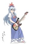  bass_guitar bespectacled blue_hair brown_eyes glasses guitar highres hmx99_elf instrument kamishirasawa_keine long_hair shoes sneakers solo touhou white_background 