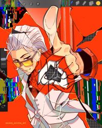  1boy art_program_in_frame asuka_young black_shirt broken_glass brown_eyes coat cowboy_shot distortion fourth_wall from_above glass glitch grid_background hair_slicked_back hand_in_pocket highres male_focus mullet necktie red_necktie shirt smirk snapping_fingers solo tinted_eyewear to_be_hero to_be_hero_x vest white_coat white_hair white_vest x_(to_be_hero_x) yellow-tinted_eyewear 