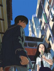  1girl 4boys amber389 black_eyes black_hair black_necktie blue_pants blue_sky building character_request collared_shirt corrugated_galvanized_iron_sheet cowboy_shot day food from_below frown getenrou green_jacket gun hand_up handgun highres holding holding_food holding_gun holding_popsicle holding_weapon jacket long_hair long_sleeves looking_at_viewer looking_back multiple_boys necktie outdoors pants popsicle shirt short_hair short_sleeves sky skybridge standing urban waninuma_aoi waninuma_kirie weapon white_shirt 