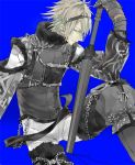  aqua_eyes chain chains gauntlets hairband male nier nier_(character) nier_(young) serori silver_hair sitting solo sword weapon 