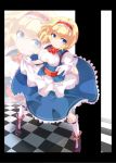  adapted_costume alice_margatroid blonde_hair blue_eyes breasts checkered checkered_floor gloves highres meracle smile solo touhou white_gloves zoom_layer 