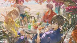  4boys absurdres beach black_hair blonde_hair blue_shirt chair cup fura_kanato glasses hand_up hawaiian_shirt highres holding holding_cup jewelry looking_at_viewer male_focus multiple_boys necklace nijisanji on_chair outdoors pink_hair plate purple_hair red_shirt seraph_dazzlegarden shikinagi_akira shirt short_sleeves shorts sitting table tree violet_eyes virtual_youtuber voltaction w watarai_hibari white_shirt yellow_shirt yoruirooo777 