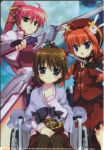  3girls blue_eyes brown_hair fujima_takuya full_moon gloves graf_eisen hammer hat highres levantine long_hair lyrical_nanoha mahou_shoujo_lyrical_nanoha mahou_shoujo_lyrical_nanoha_a's moon multiple_girls night open_mouth orange_hair pantyhose pink_hair ponytail ribbon shawl short_hair signum sitting smile sword tome_of_the_night_sky vita weapon wheelchair yagami_hayate 