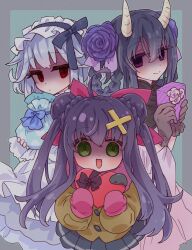  3girls ahoge android black_hair black_hairband bow brown_gloves brown_shirt cross_hair_ornament double_bun dress emil_chronicle_online empty_eyes flower frilled_dress frilled_hairband frills gift gloves green_background green_eyes hair_bow hair_bun hair_flower hair_ornament hair_ribbon hair_rings hairband highres holding holding_gift horns izanami_(eco) kiyohime_lore long_hair looking_at_viewer mitama_aria multiple_girls official_alternate_costume open_mouth pink_gloves pleated_skirt red_eyes red_ribbon red_skirt ribbon shirt skirt violet_eyes white_dress white_hair yandere yusa_yuyu 