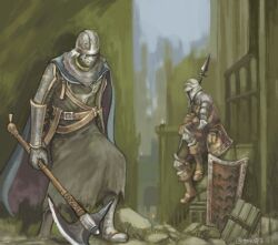  2boys armor armored_boots aventail axe battle_axe blue_cape blue_eyes boots brown_boots brown_gloves brown_pants brown_shirt cape chainmail commentary_request couter creighton_of_mirrah dark_souls_(series) dark_souls_ii full_body gloves grey_tunic helmet holding holding_axe holding_polearm holding_weapon male_focus mask masked mild_mannered_pate multiple_boys outdoors pants polearm poleyn shield shirt short_hair spear standing tanaka_(tnksp2) tunic weapon white_hair 