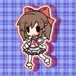  1girl :d bow brown_hair character_request chibi fushigi_ebi hair_bobbles hair_bow hair_ornament heart jewelry latale open_mouth outline plaid plaid_background shadow single_earring skirt smile solid_oval_eyes solo 