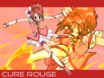  bike_shorts character_name cure_rouge fingerless_gloves fuchi_minoru gloves hair_ornament hairpin kneehighs magical_girl natsuki_rin precure red red_background red_eyes red_hair redhead serious shoes short_hair shorts_under_skirt skirt solo yes!_precure_5 