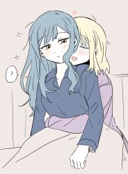  2girls ? bang_dream! bang_dream!_it&#039;s_mygo!!!!! blonde_hair blue_hair blue_shirt blush closed_eyes grey_background highres long_hair long_sleeves medium_hair misumi_uika multiple_girls open_mouth pajamas purple_shirt shirt sidelocks sleeping togawa_sakiko yellow_eyes yrk_ev yuri 