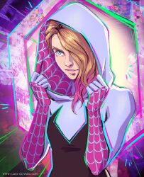  1girl black_bodysuit blonde_hair bodysuit caro_oliveira commentary english_commentary glitch gwen_stacy hair_over_one_eye hood hooded_bodysuit marvel multicolored_bodysuit print_bodysuit solo spider-gwen spider-man:_across_the_spider-verse spider-man_(series) spider-verse spider_web_print web_address white_bodysuit 