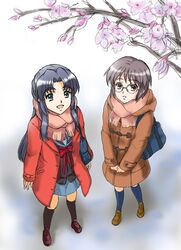  asakura_ryouko bag blue_eyes blue_hair brown_eyes cherry_blossoms coat footwear fujita_(speedlimit) glasses kneehighs long_hair multiple_girls nagato_yuki purple_hair scarf school_bag school_bsg school_uniform short_hair socks suzumiya_haruhi_no_shoushitsu suzumiya_haruhi_no_yuuutsu 