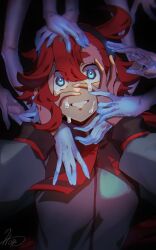  1girl asticassia_school_uniform black_hairband blue_eyes commentary crying disembodied_hand english_commentary false_smile grin gundam gundam_suisei_no_majo hairband hands_on_own_cheeks hands_on_own_face highres imozonokan red_hair school_uniform signature smile solo suletta_mercury tears thick_eyebrows upper_body wavy_eyes 