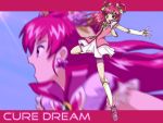  bike_shorts blue_background boots character_name cure_dream fingerless_gloves fuchi_minoru gloves hair_rings long_hair magical_girl open_mouth pink_eyes pink_hair precure shorts_under_skirt skirt solo yes!_precure_5 yumehara_nozomi 