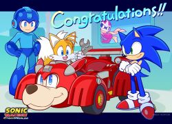  4boys blue_bodysuit blue_fur blue_hair blue_helmet bodysuit full_body green_eyes group_picture helmet male_focus mega_man_(character) mega_man_(classic) mega_man_(series) multiple_boys official_art proto_man rush_(mega_man) sonic_(series) sonic_racing:_crossworlds sonic_the_hedgehog tails_(sonic) 