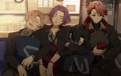  4boys bag black_hair black_jacket brown_hair cellphone colored_inner_hair fura_kanato hair_between_eyes hashtag-only_commentary highres holding holding_phone hood hood_down jacket leaning_on_person looking_at_phone male_focus matsuhago multicolored_hair multiple_boys nijisanji phone purple_hair red_hair school_bag school_uniform seraph_dazzlegarden shikinagi_akira short_hair shoulder_bag sitting sleeping smartphone train_interior two-tone_hair virtual_youtuber voltaction watarai_hibari 