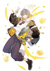  1boy artist_name baggy_pants black-framed_eyewear black_boots black_jacket black_pants boots brown-tinted_eyewear caelus_(honkai:_star_rail) caelus_(world_tour_2023)_(honkai:_star_rail) collarbone commentary_request flying full_body grey_hair hair_between_eyes highres holding honkai:_star_rail honkai_(series) hood hoodie jacket lapels long_sleeves looking_at_viewer male_focus matori_(penguin_batake) official_alternate_costume open_clothes open_jacket pants puffy_long_sleeves puffy_sleeves short_hair signature simple_background smile solo speech_bubble star_(symbol) sunglasses teeth tinted_eyewear trailblazer_(honkai:_star_rail) trash_bag trash_can two-sided_fabric two-sided_jacket unworn_eyewear v white_background white_hoodie yellow_eyes yellow_jacket 