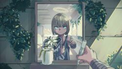  1girl absurdres bandaged_arm bandages bare_shoulders blonde_hair blue_eyes blurry blurry_foreground bob_cut bouquet closed_mouth collarbone commentary_request dead_plants drawn_bow drawn_halo drawn_wings flower flower_request grey_tank_top halftone halo highres holding holding_bouquet holding_marker indoors looking_at_viewer marker mirror original overgrown plant potted_plant pov pov_hands reflection reflection_focus rose short_hair smile solo split_mouth tank_top tattsun_(ta_tsuki) upper_body vines white_flower white_rose 