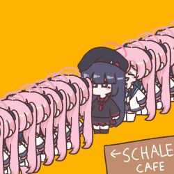  amedrama beret black_hair black_hat black_serafuku blue_archive blue_archive_2025_hack blue_necktie closed_eyes english_text gloves hair_between_eyes halo hat highres jacket justice_task_force_member_(blue_archive) koyuki_(blue_archive) long_hair long_sleeves multiple_girls necktie pink_hair pink_halo red_halo school_uniform serafuku shirt sign simple_background skirt twintails very_long_hair white_shirt 