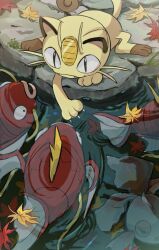  animal_focus anzu_(01010611) autumn_leaves blue_eyes cat claws closed_mouth coin fangs fish gold goldeen highres koban_(gold) leaf magikarp meowth no_humans open_mouth pokemon pokemon_(creature) pokemon_focus tail water 