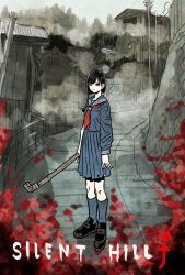  1girl black_hair black_serafuku highres holding holding_lead_pipe japanese_clothes lead_pipe neckerchief pleated_skirt red_neckerchief sailor_collar school_uniform serafuku shimizu_hinako shirt short_hair silent_hill_(series) silent_hill_f skirt solo takeuchi_ryousuke 